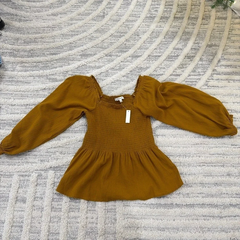 Madewell‎ Smocked Peplum Top Mustard Yellow Puff Sleeve NWT Size 00 NA7012